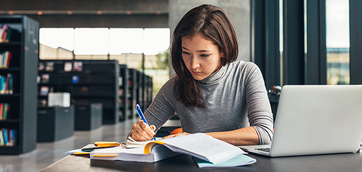Woman studying, library, books, book, laptop